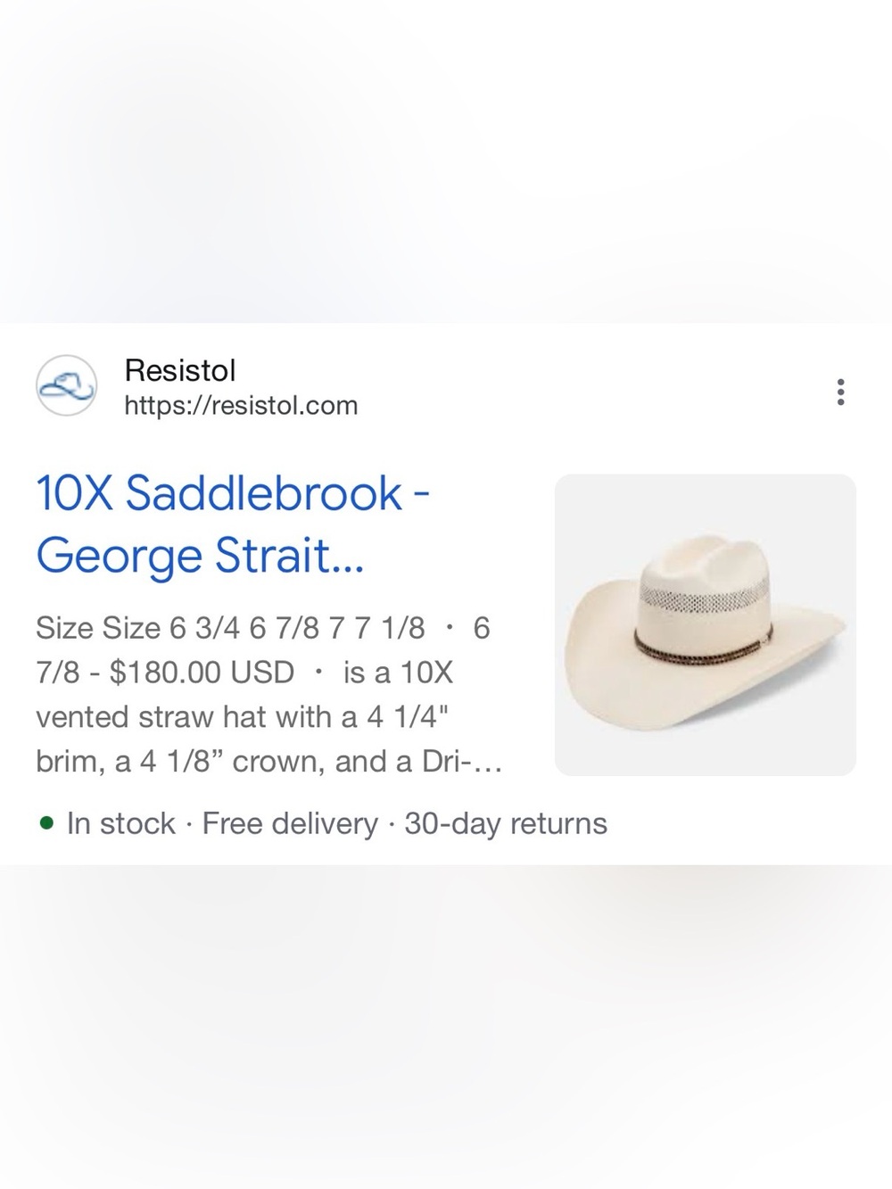 Resistol 10X Saddlebrook George Strait Cowboy Hat - Size 6 7/8